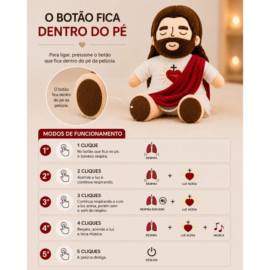 Boneco de Pelúcia Jesus que Respira com Luz e Música