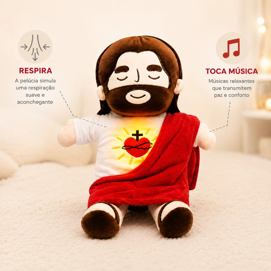 Boneco de Pelúcia Jesus que Respira com Luz e Música